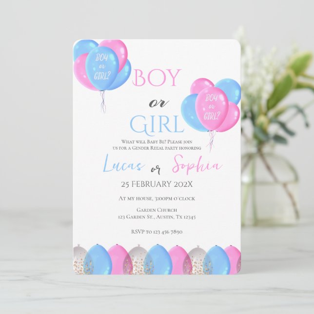 He or She Blue or Pink Gender Reveal Invitation wi (Standing Front)