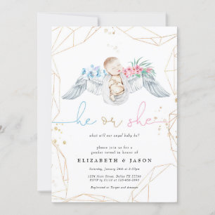 He or She Blue Pink Angel Glitter Gender Reveal Invitation