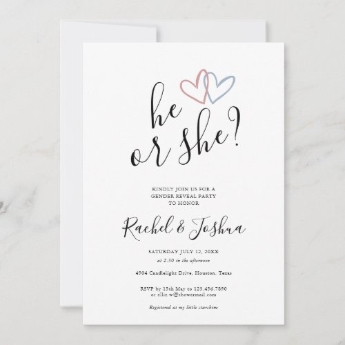 He Or She Blue Pink Hearts Gender Reveal Party Invitation