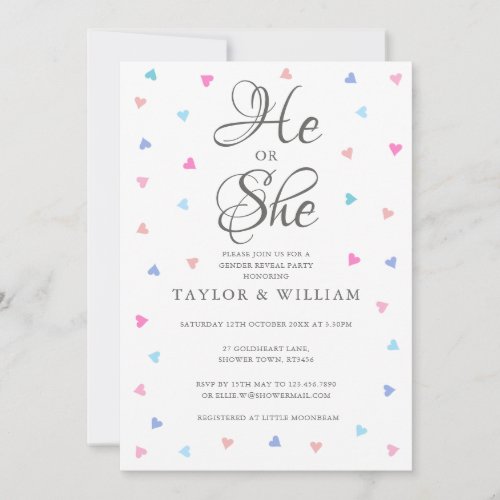 He Or She Blue Pink Hearts Gender Reveal Party Invitation