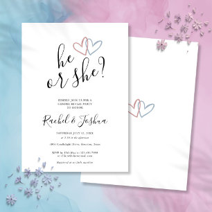 He Or She Blue Pink Hearts Gender Reveal Party Invitation