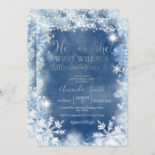 He or She Blue Silver Snowflakes Gender Reveal  Invitation