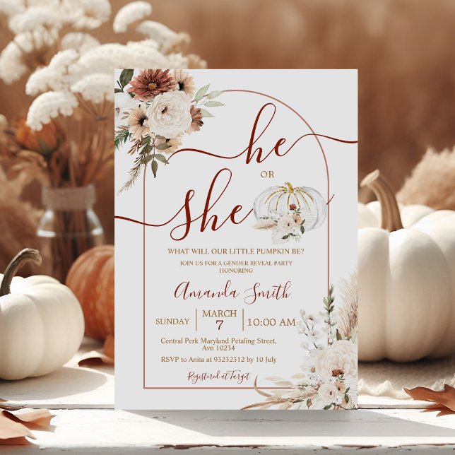 He or She Boho Arch Pumpkin Gender Reveal Invitati Invitation (Creator Uploaded)