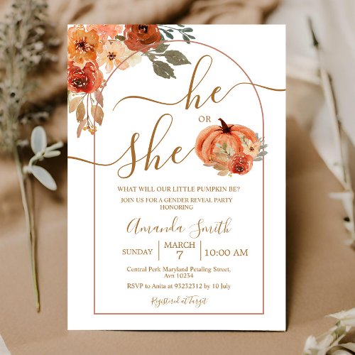 He or She Boho Arch Pumpkin Gender Reveal Invitation