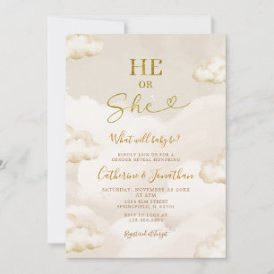 He Or She Boho Beige Clouds Gold Gender Reveal Invitation