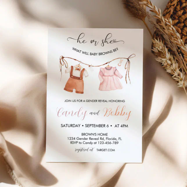 He or She Boho Clothesline Gender Reveal Invitation | Zazzle