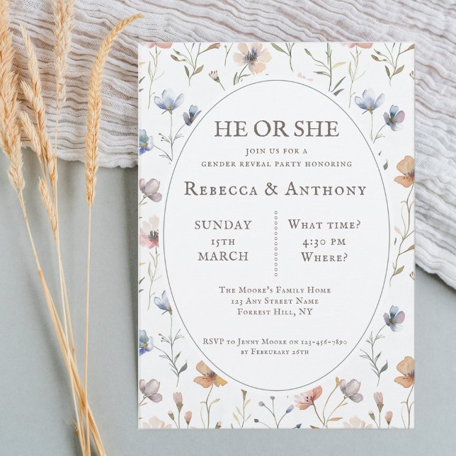 He or She botanical watercolor, spring wildflower Invitation (Creator Uploaded)