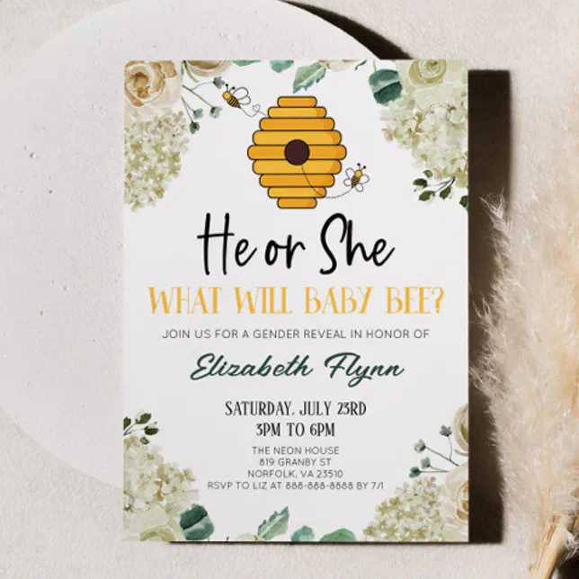 He or She Bumble Bee Floral Flowers Gender Reveal Invitation | Zazzle