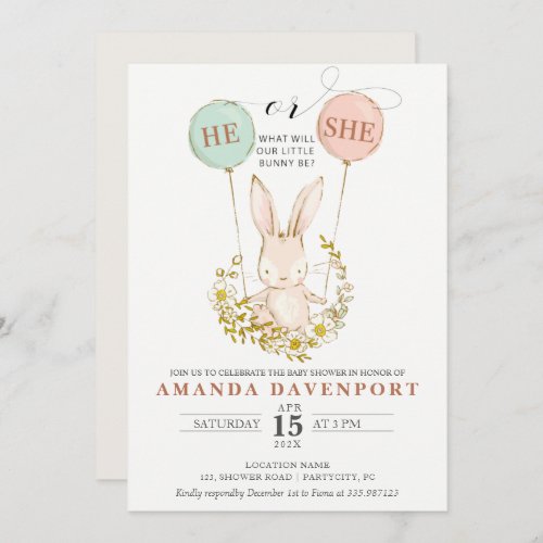 He or She Bunny Balloons gender reveal Invitation
