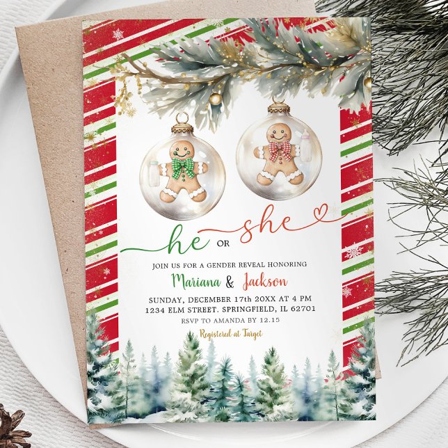 He or She Christmas Cookie Ornament Gender Reveal Invitation (Creator Uploaded)