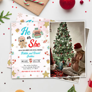 He or She Christmas Gender Reveal Baby Shower Invitation