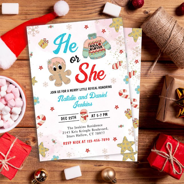 He or She Christmas Gender Reveal Baby Shower  Invitation (Creator Uploaded)