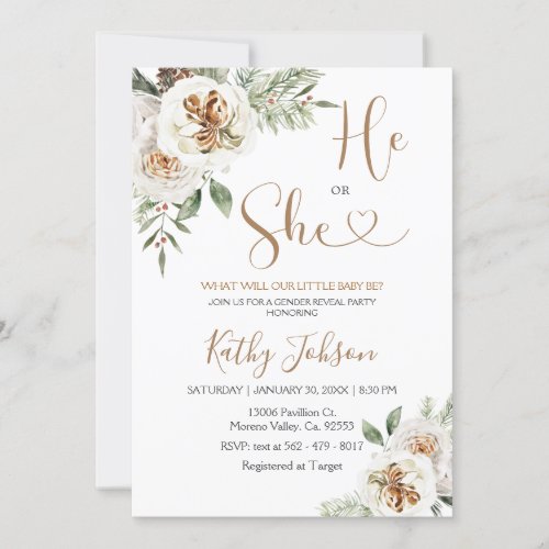 He or She Christmas White Floral Baby Shower Invitation