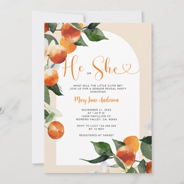 He or She Citrus Orange Greenery Gender Reveal Invitation (Front)