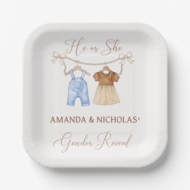 He or She Clothes Gender Reveal  Paper Plates (Front)