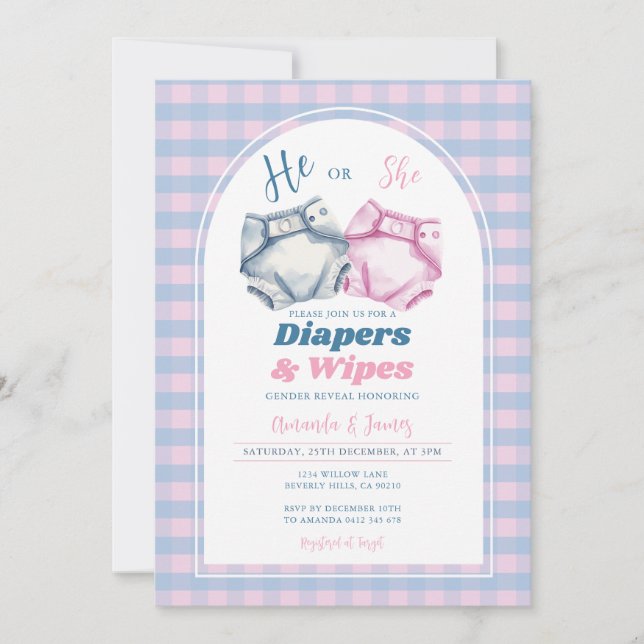 He or She Diapers and Wipes Gender Reveal Gingham Invitation (Front)