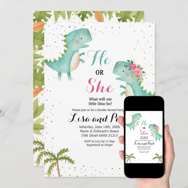 He or She Dinosaur Gender Reveal Invitation Zazzle