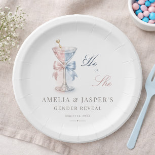 He Or She Elegant Martini Gender Reveal Party Paper Plates