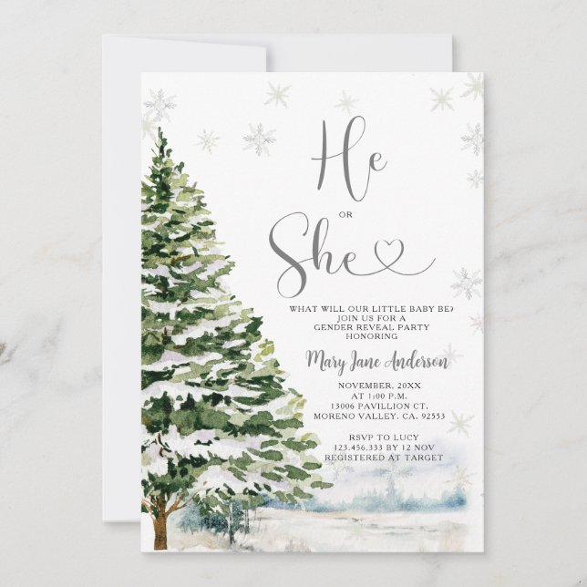 He or She Evergreen Winter Gender Reveal Invitation