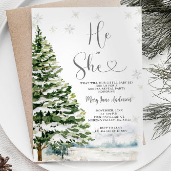 He Or She Evergreen Winter Gender Reveal Invitation by HappyPartyStudio at Zazzle