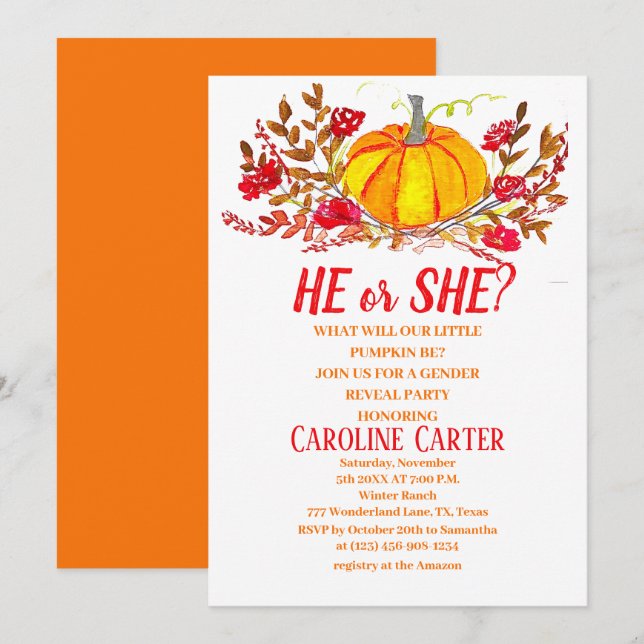 He or She Fall Pumpkin Gender Reveal Invitation (Front/Back)