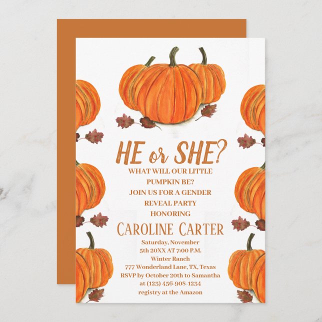He or She Fall Pumpkin Gender Reveal Invitation (Front/Back)