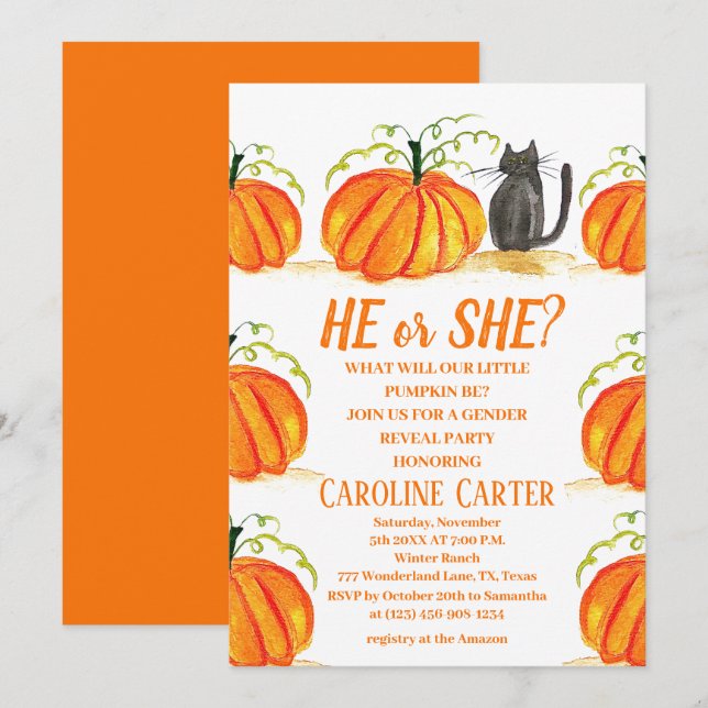 He or She Fall Pumpkin Gender Reveal Invitation (Front/Back)