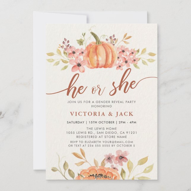 He or She Fall Pumpkin Rustic Boho Gender Reveal Invitation (Front)