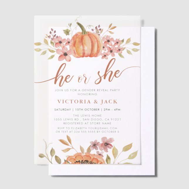 He or She Fall Pumpkin Rustic Boho Gender Reveal Vellum Invitations (Offset)