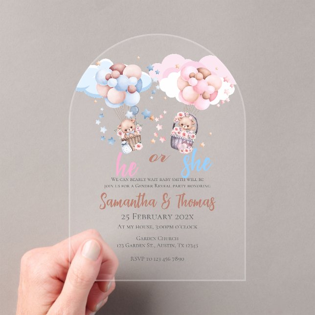 He or She Gender Reveal Acrylic Invitation (Insitu (Handheld))