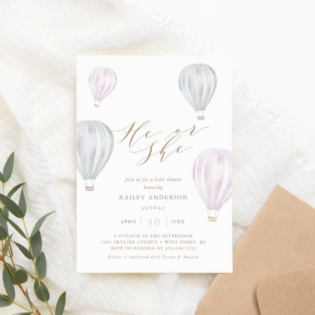 He or She Gender Reveal Air Balloon Baby Shower Invitation
