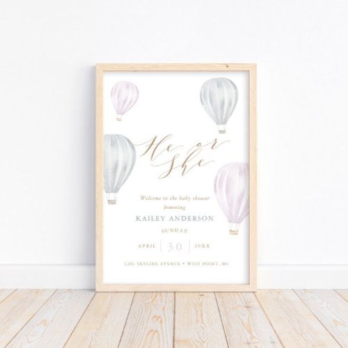 He or She Gender Reveal Air Balloon Baby Shower Poster