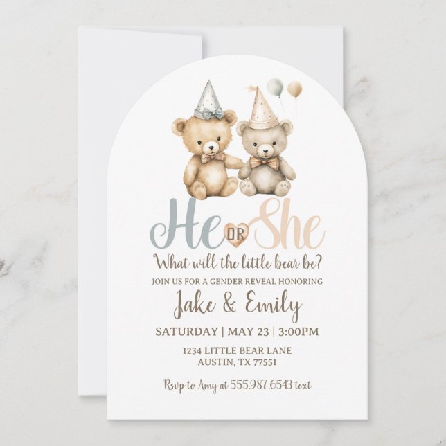 He or She Gender Reveal Bear Dusty Blue Pink Invitation (Front)