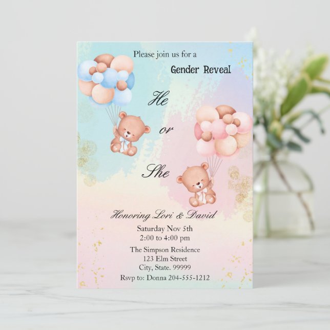 He or She Gender Reveal Bear Invitation (Standing Front)