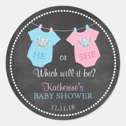 He or She Gender Reveal Chalkboard Baby Shower Classic Round Sticker