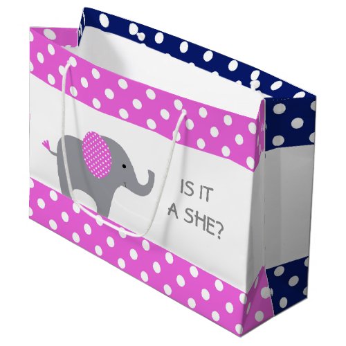 He or She Gender Reveal Elephant Baby Shower Large Gift Bag