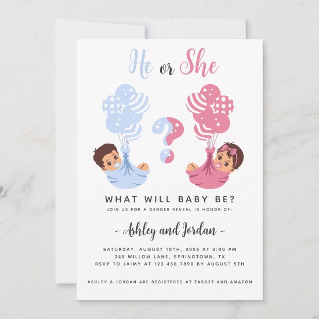 He or She Gender Reveal Invitation (Front)