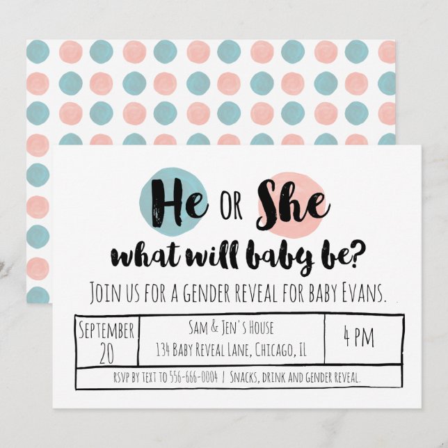 He or She Gender Reveal Invitation (Front/Back)