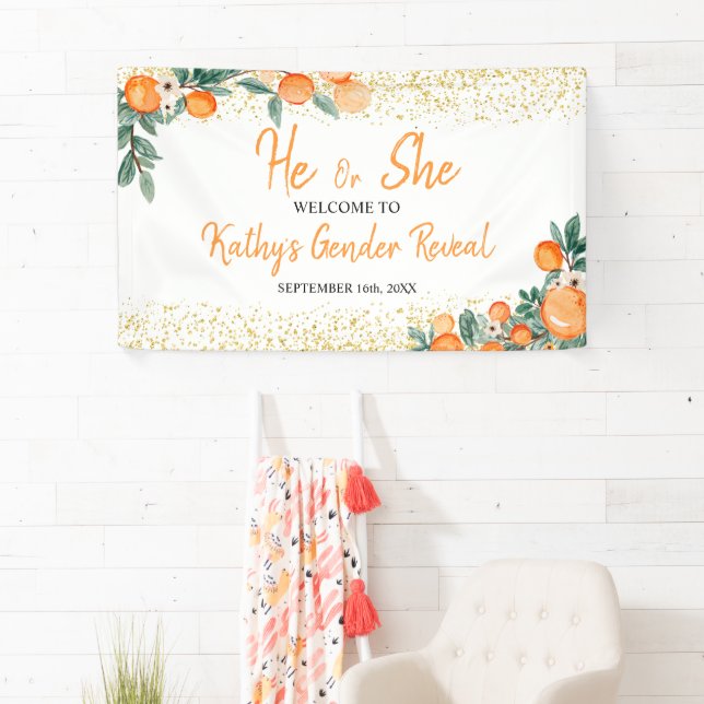 He or She Gender Reveal Orange Little Cutie Banner (Insitu)