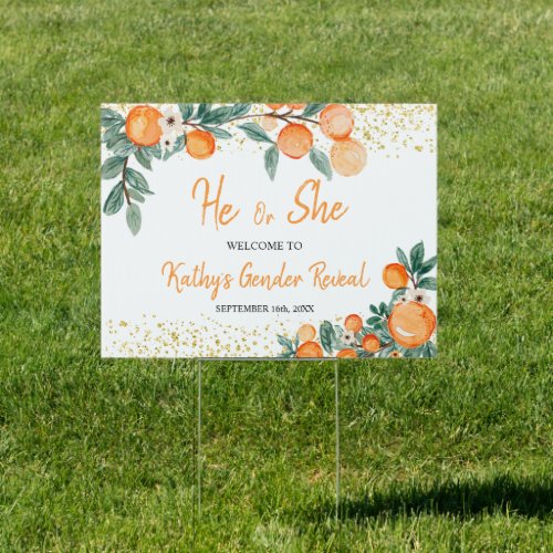 He or She Gender Reveal Orange Little Cutie Banner Sign