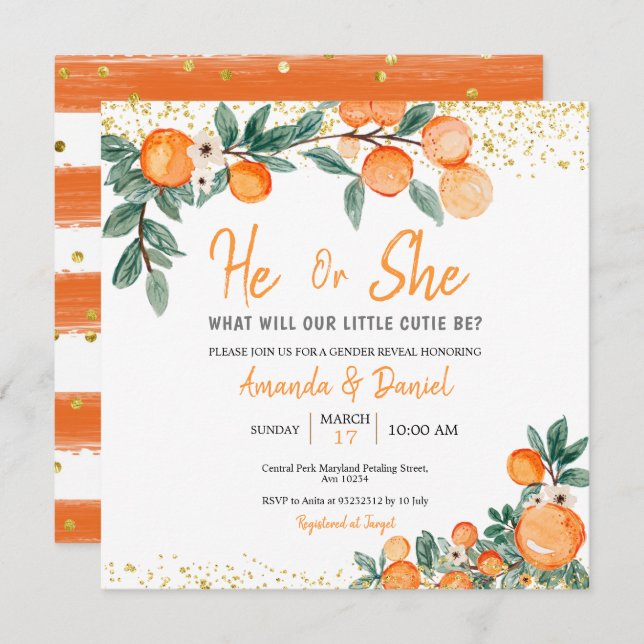 He or She Gender Reveal Orange Little Cutie  Invitation (Front/Back)