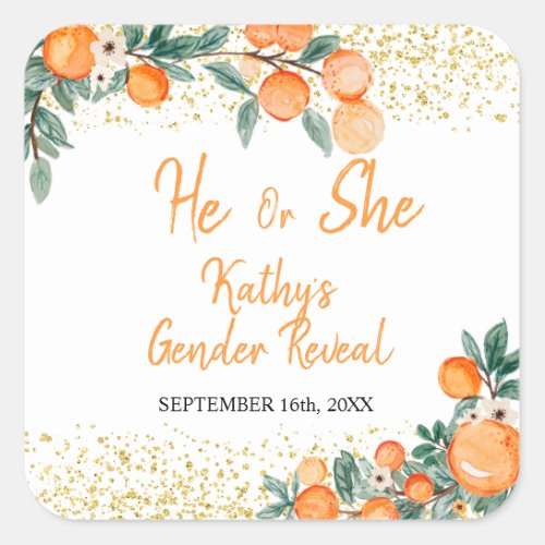 He or She Gender Reveal Orange Little Cutie Square Square Sticker