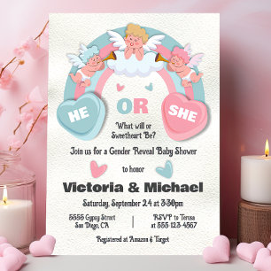 He or She Gender Reveal Valentines Day Baby Shower Invitation