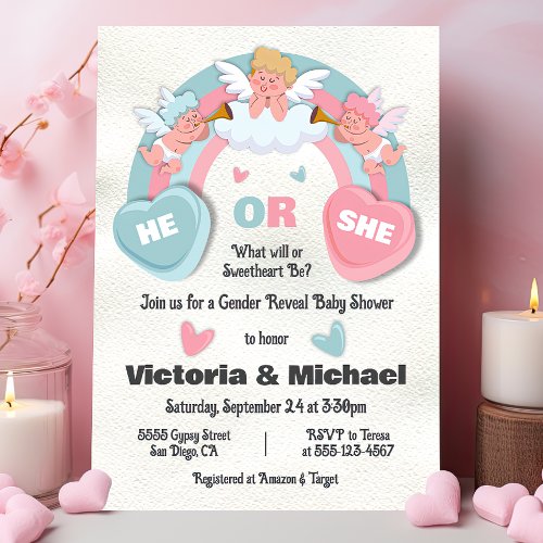 He or She Gender Reveal Valentines Day Baby Shower Invitation