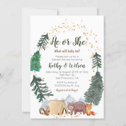 He or She Gender Reveal Woodland Animal Invitation