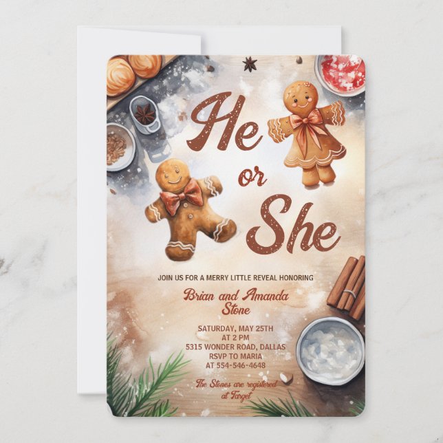 He or She GIngerbread Cookies Xmas Gender Reveal Invitation (Front)