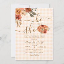 He or She Gingham Fall Pumpkin Gender Reveal Invitation