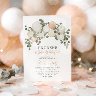 He or She Greenery Balloon Garland Gender Reveal Invitation