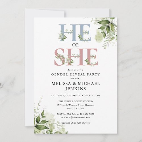 He Or She Greenery Letter Gender Reveal Party Invitation