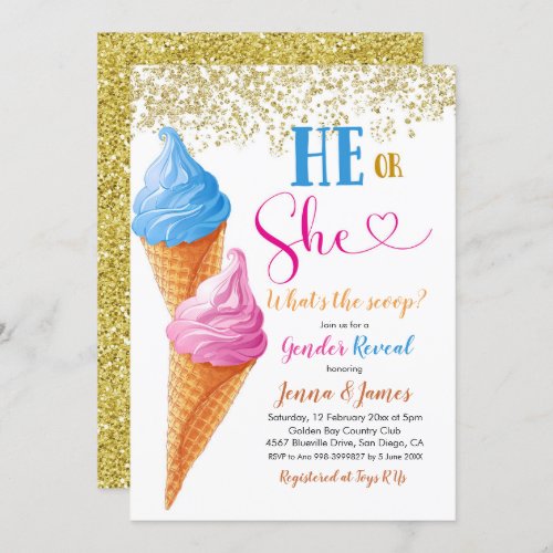 He or She Ice Cream Gender Reveal Invitation